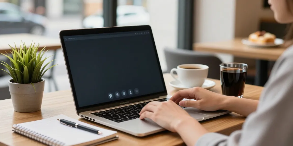 Person viewing Instagram stories anonymously with insanony on laptop in a cozy coffee shop.