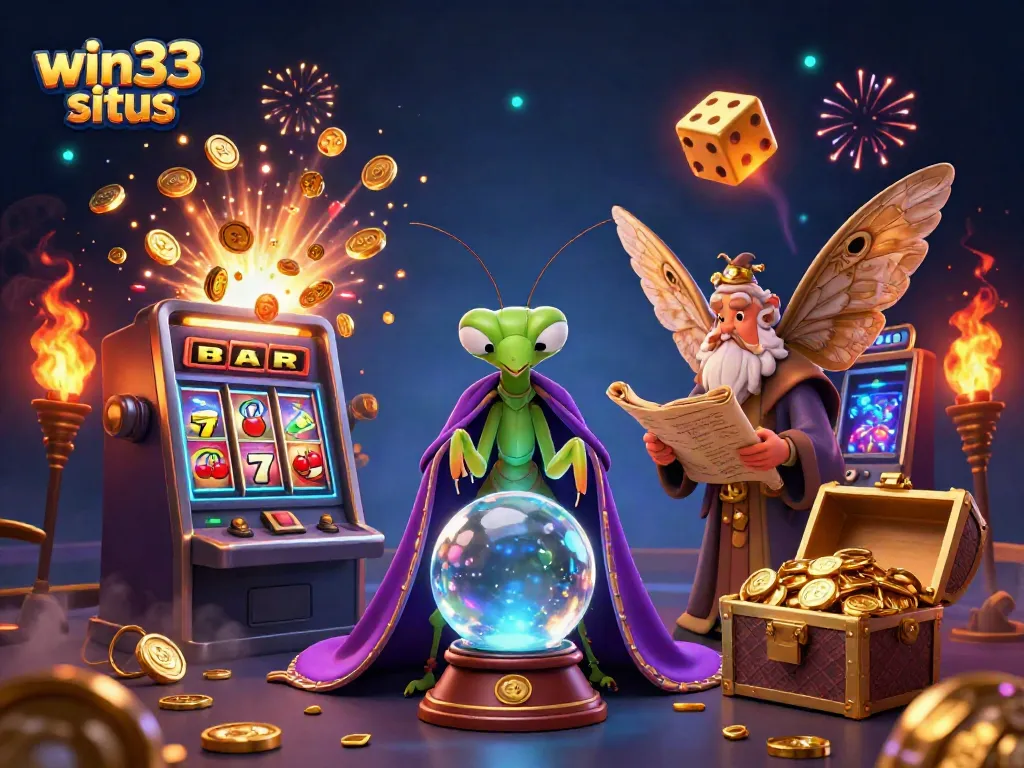 Win33 situs offers vibrant gaming experience with a dynamic scene of fortune teller and slot machine.