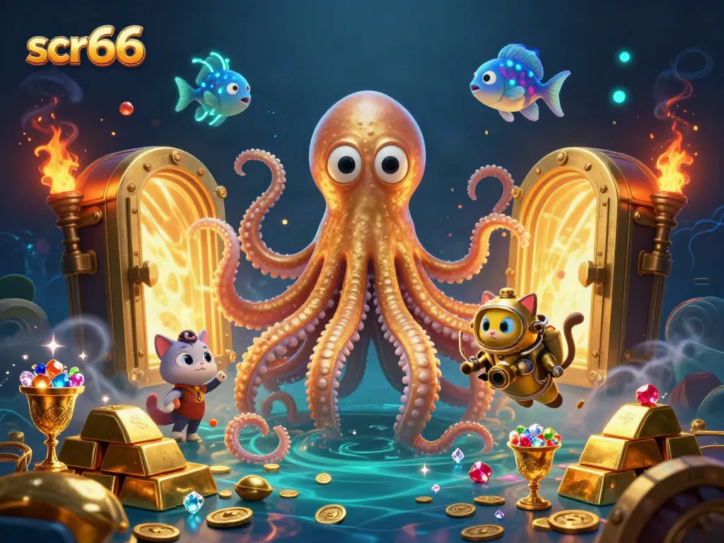 Experience the thrills of scr66 casino with a kraken, diving cat, and treasure-filled scene.