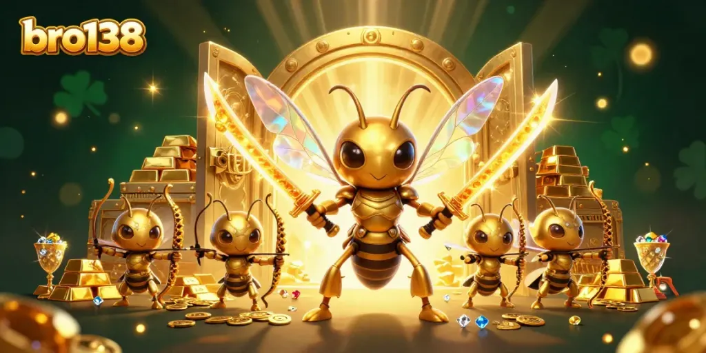 Experience the thrill of bro138 with golden treasure and dynamic characters in a vibrant casino scene.