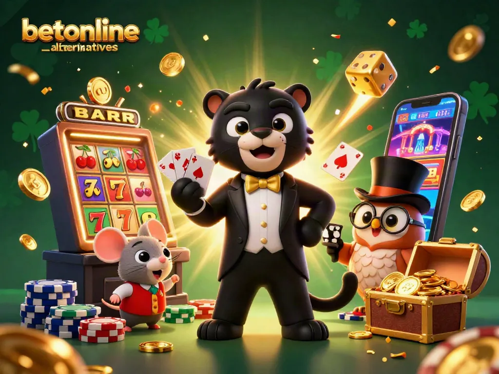 Experience betonline alternatives with a cartoon panther dealer amidst vibrant casino elements and a jackpot explosion.