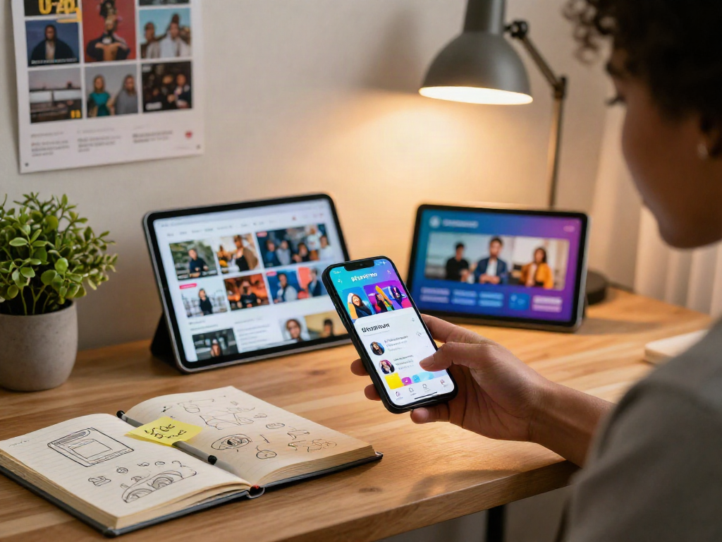 Engaging user showcasing the pikashow app on smartphone in a modern workspace.