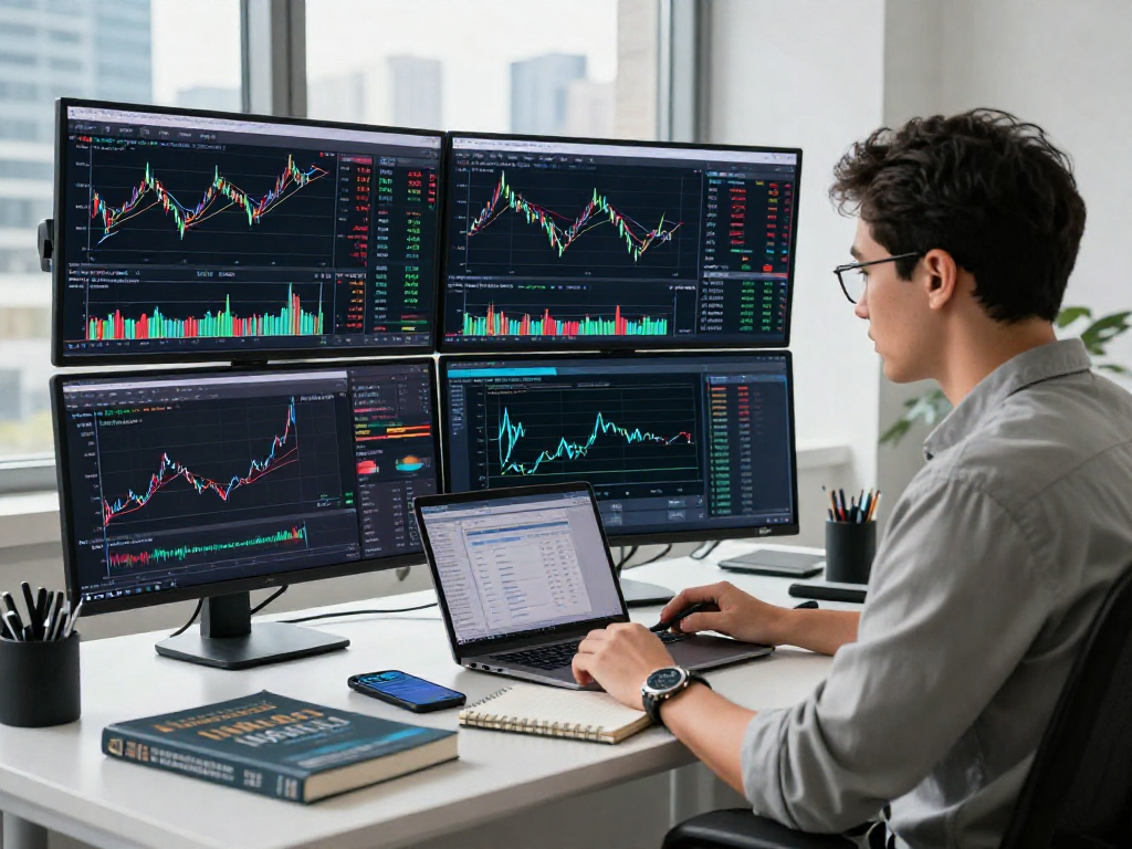 使用TradingView实时分析股票和加密货币的交易员在现代工作空间内，聚焦于技术指标和策略。