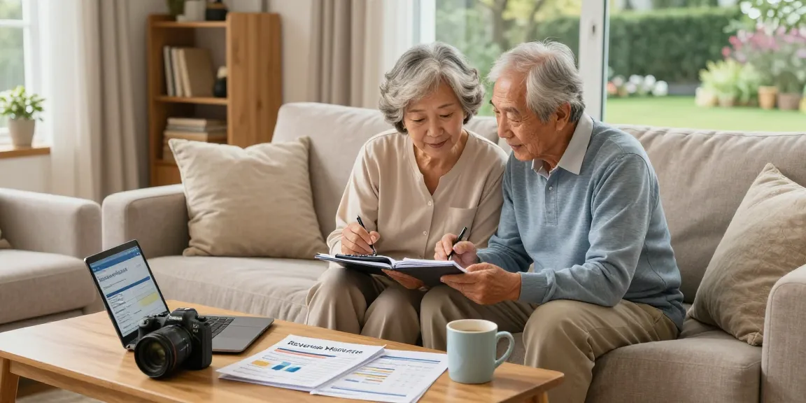 Couple discussing reverse mortgages at home with coffee and financial documents.