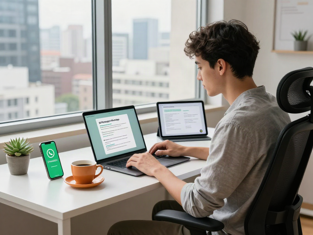 Young professional configuring gb WhatsApp on a modern laptop in a stylish home office.