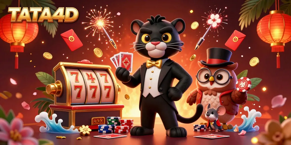 Experience thrilling online gaming action with TATA4D’s vibrant characters and rich casino elements, showcasing card dealing and poker excitement.