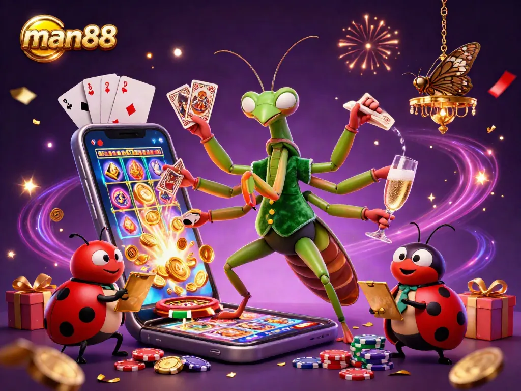 Engage in thrilling games at man88 with a vibrant 3D illustration showcasing dynamic casino action.
