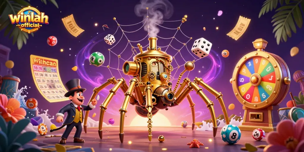 Engage with winlah-official as the steampunk spider catches dice in a vibrant gambling world.