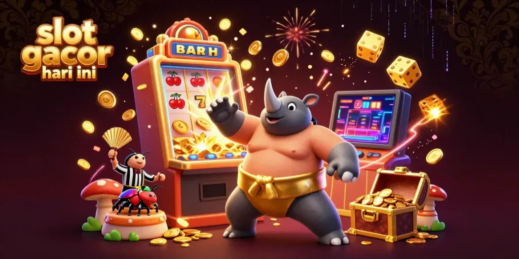Experience slot gacor hari ini as colorful coins fly in this vibrant 3D casino scene.