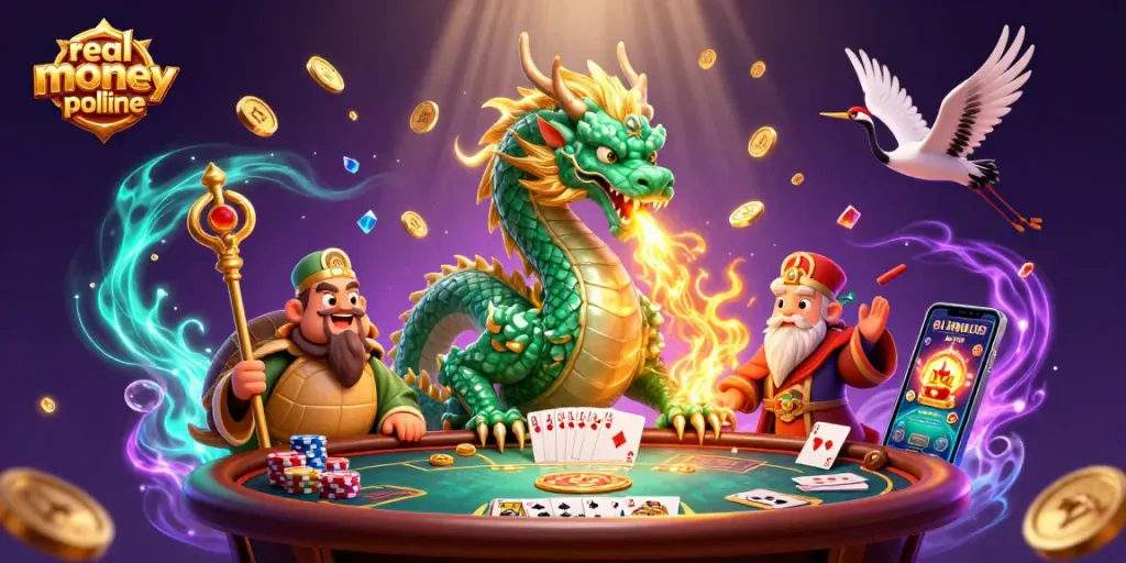 Experience real money poker online with a vibrant scene featuring a dragon, turtle, and cranes, all immersed in dynamic action.