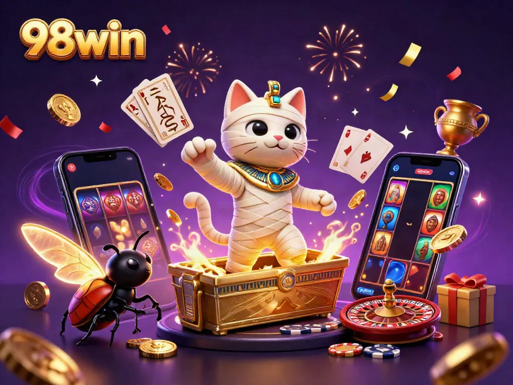 Experience the thrill of 98win with a vibrant illustration featuring a mummy cat, golden coins, and immersive casino games.