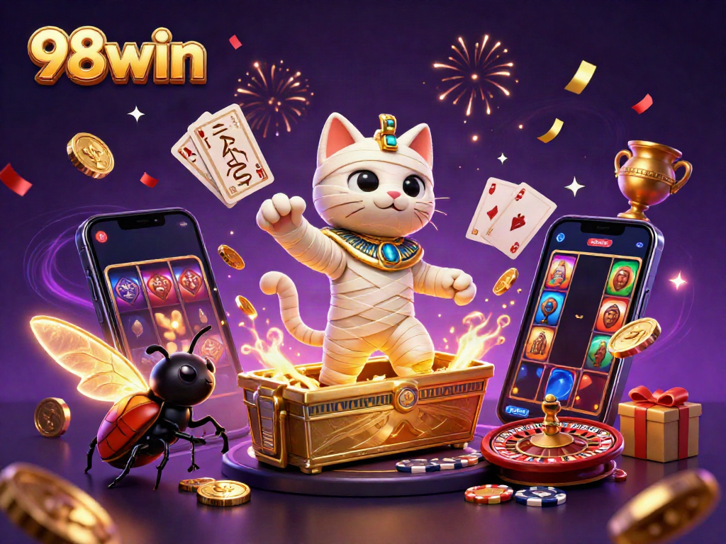 Experience the thrill of 98win with a vibrant illustration featuring a mummy cat, golden coins, and immersive casino games.