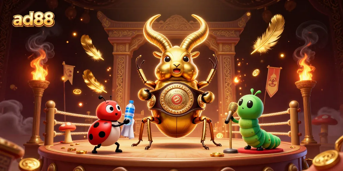 ad88 animated scene featuring a glowing stag beetle and ladybug in a vibrant casino arena