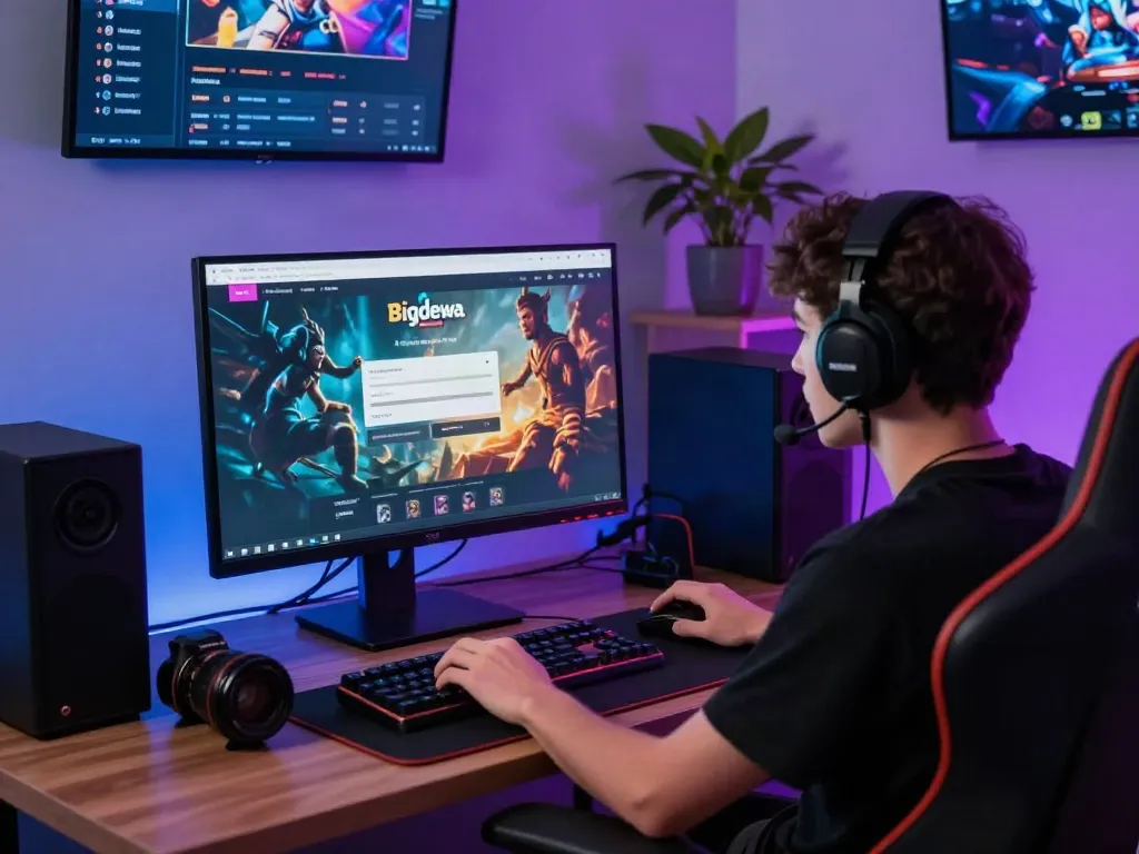 Experience seamless bigdewa login with an engaging user at a vibrant gaming setup, showcasing interface navigation.