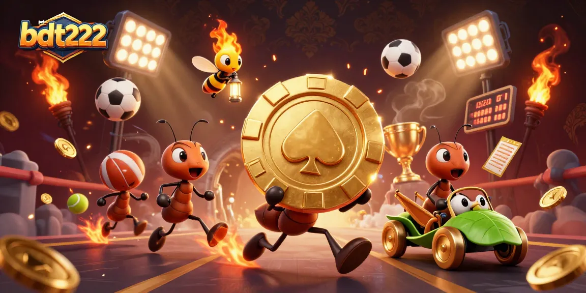 Engage in the excitement of bdt222 with a heist scene featuring cartoon ants stealing a giant golden poker chip.