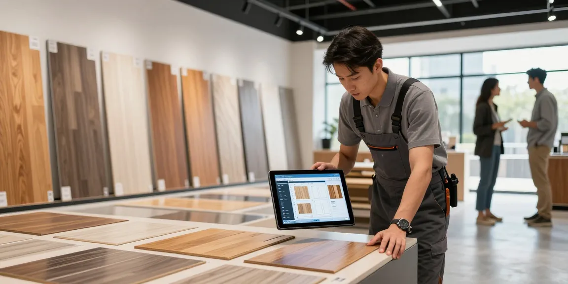 Explore innovative flooring software solutions in a modern showroom with various flooring samples.