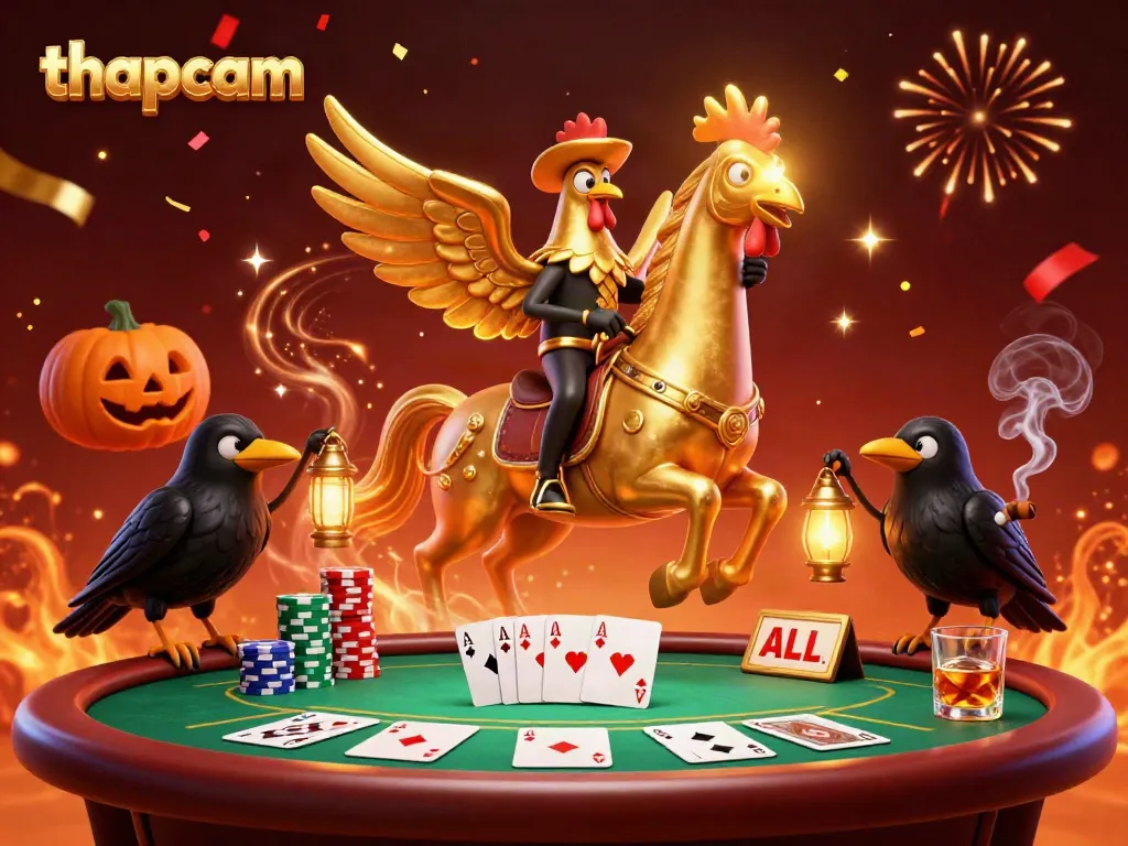 Experience thapcam's vibrant casino scene with a golden rooster riding a spectral horse surrounded by festive elements.