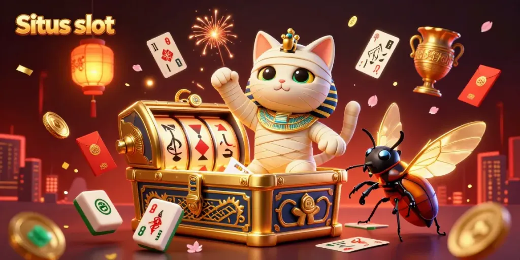 Experience the excitement of Situs slot with spinning reels and vibrant characters in this dynamic casino scene.