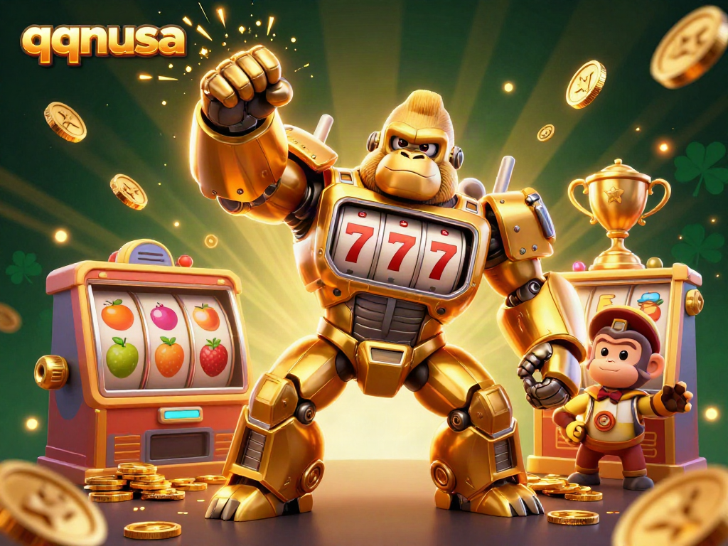 Engage with the dynamic qqnusa gaming scene featuring a golden gorilla mech and slot elements.