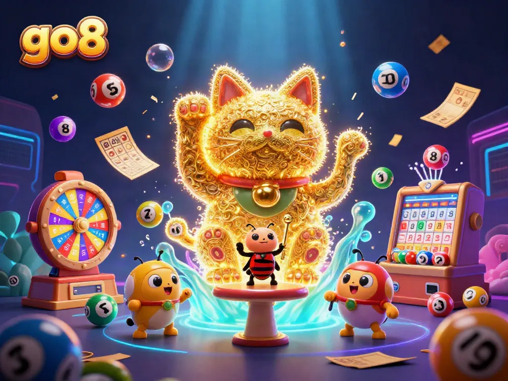 Experience the go8 excitement with a lucky cat surrounded by vibrant casino elements.