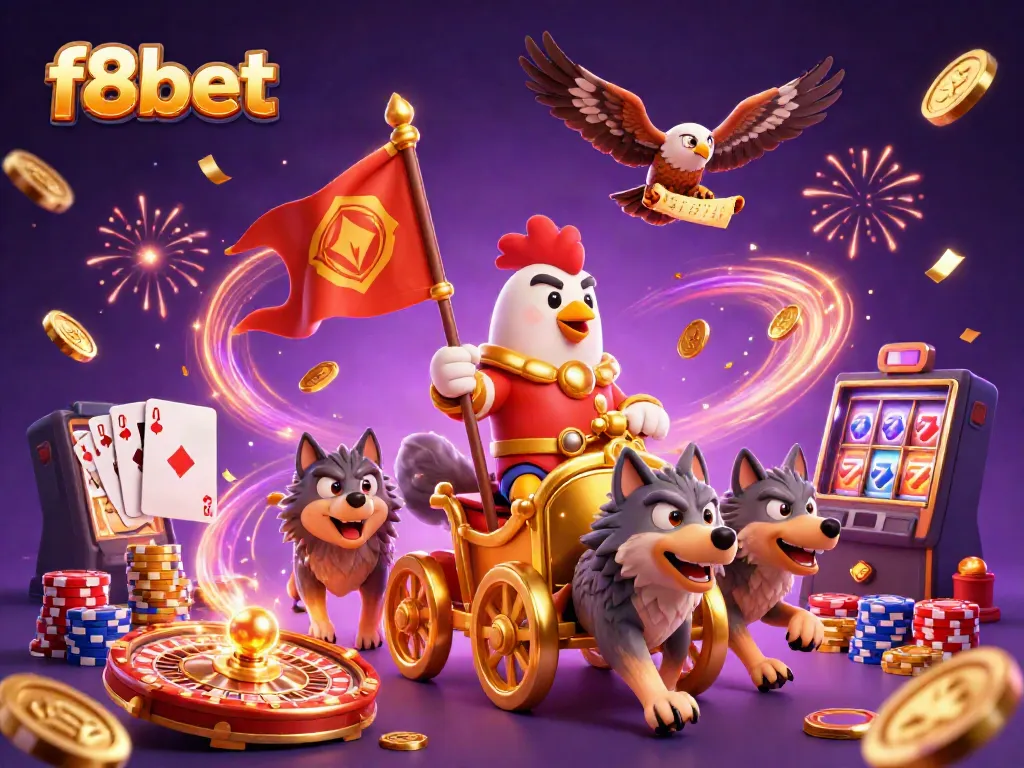 Experience thrilling action with f8bet, featuring a rooster warlord in a dynamic 3D casino setting.