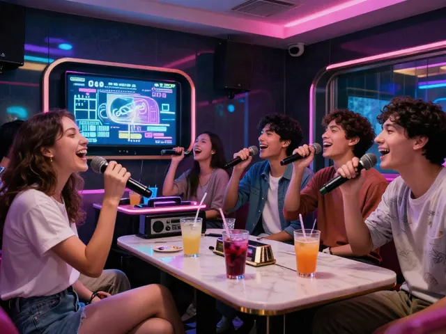 강남 달토에서 친구들과 즐거운 시간을 보내는 모습, 모던한 인테리어와 생동감 넘치는 조명이 돋보임