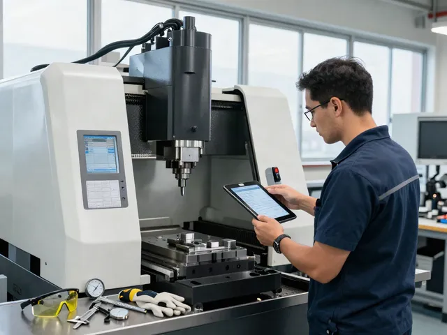 CNC machining parts manufacturer technician operating precision milling machine in a modern workshop