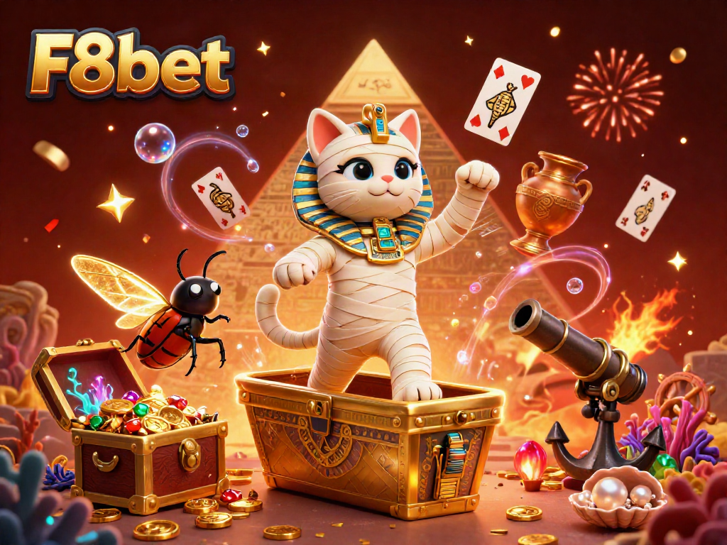 Experience the excitement of F8bet with a vibrant 3D scene featuring a mummy cat in a pyramid casino.
