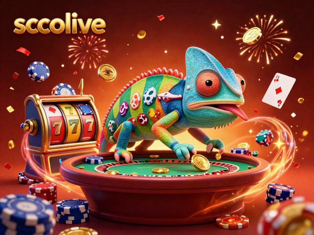 Witness the vibrant energy of socolive with a dynamic scene featuring a chameleon casino owner amidst colorful gambling elements.