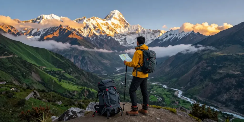 Traveler at sunrise on the Manaslu Trek, showcasing stunning snow-capped peaks and lush valleys.