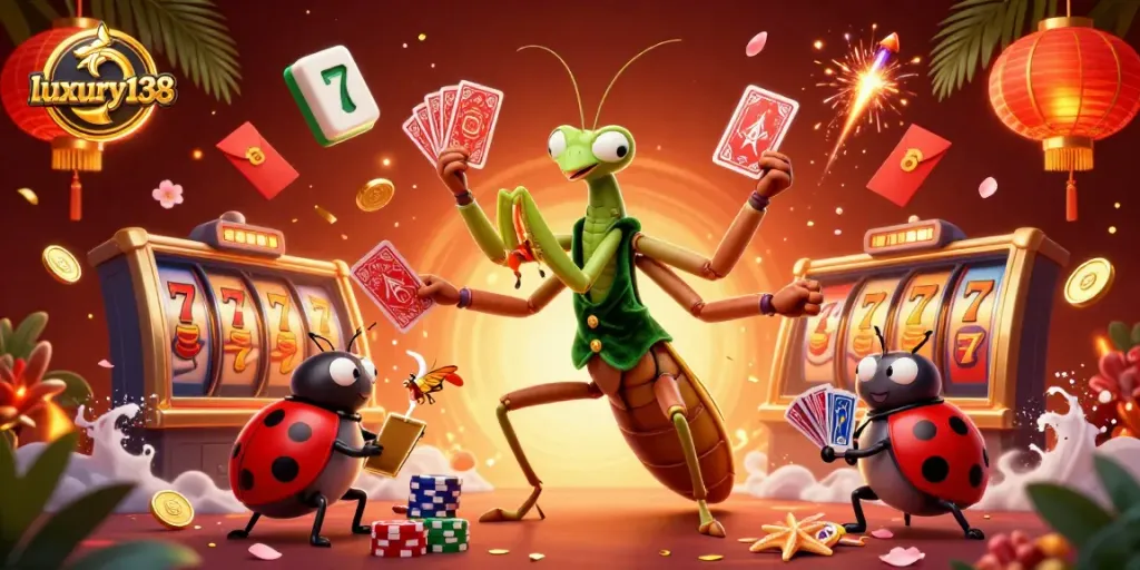 Experience luxury138 slots with vibrant reels and exciting game action in a dynamic casino scene.
