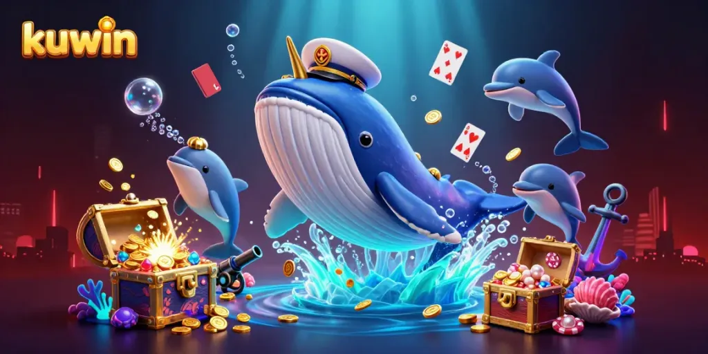 Engage with kuwin's thrilling underwater casino adventure featuring playful dolphins and a majestic whale.