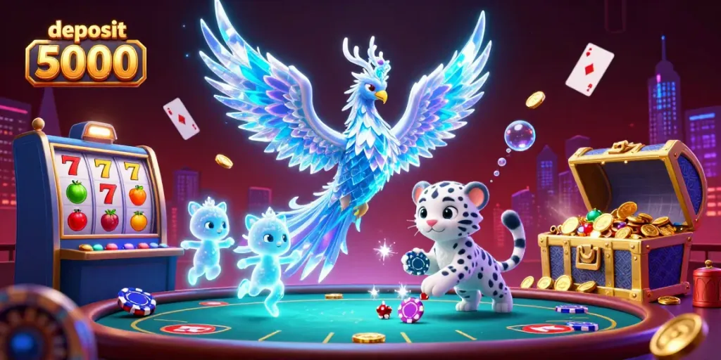 Play slots and win big with deposit 5000 in this vibrant casino scene featuring a playful ice phoenix.