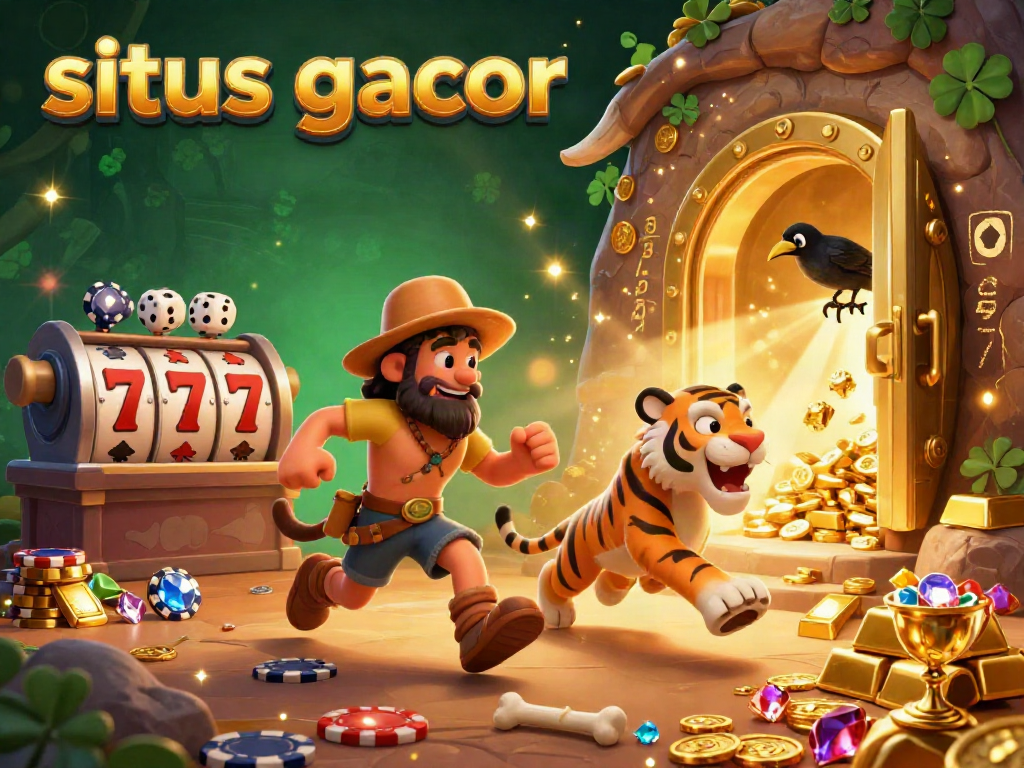 situs gacor features a lively prehistoric casino with caveman duo and slot reels bursting with treasures.