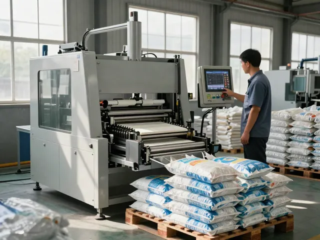 Efficient automatic bag palletizer machine stacking open-mouth bags in a professional industrial setting.