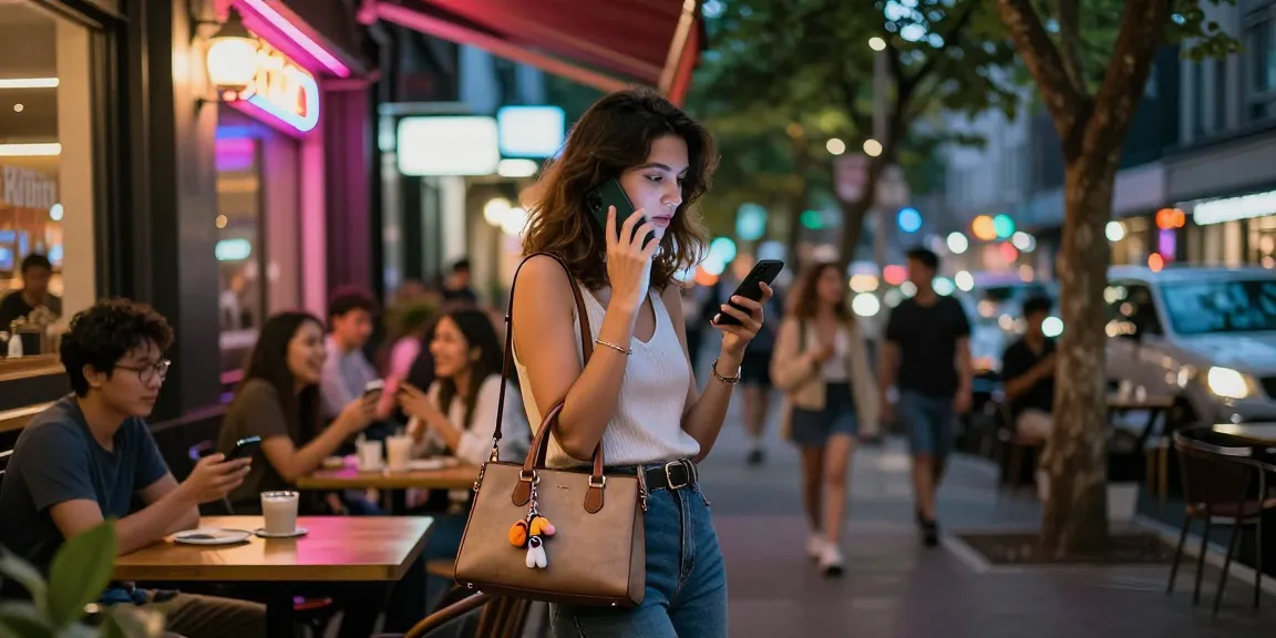 Gái gọi trong không gian thành phố sôi động, với đèn neon sáng rực và bạn bè cười nói xung quanh.