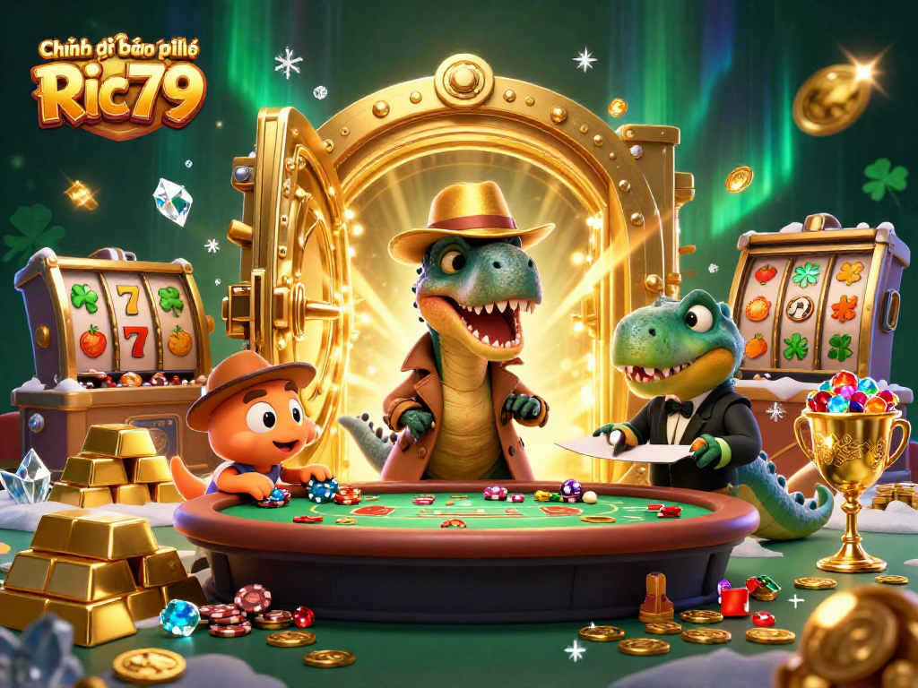 Engaging portrayal of Chính sách bảo mật Ric79 as cartoon dinosaurs at a vibrant casino.