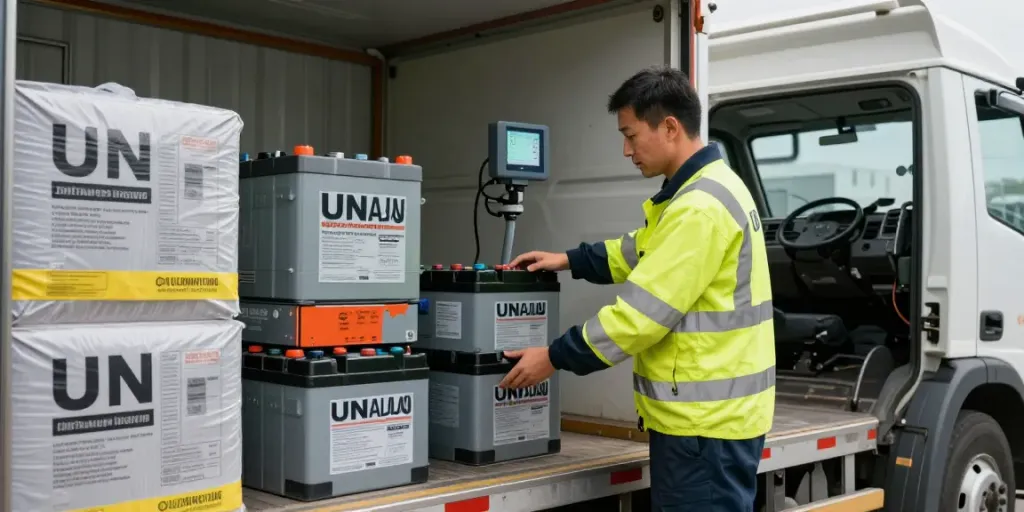 Professioneller Batterie Transport mit geschultem Fahrer, Sicherheitsausrüstung und UN-zertifizierten Containern.