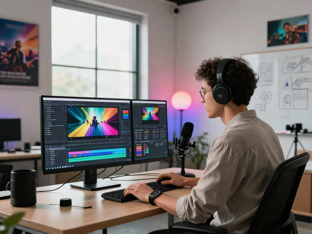 Content creator using ai video generator in a modern studio with dual screens and vibrant editing tools.