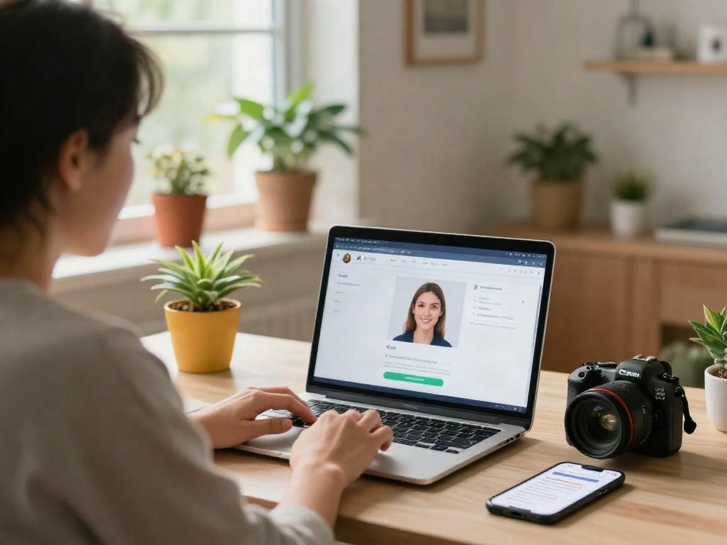 Individual using an AI tool to determine how old do I look in a cozy home office.