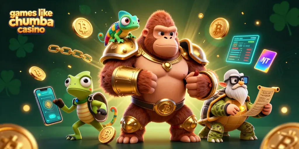 Engage in games like Chumba Casino with vibrant characters and colorful casino elements.