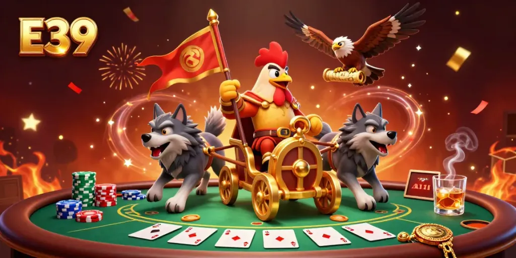 Engage with E39's thrilling poker experience featuring a warlord rooster, vibrant chips, and festive energy.