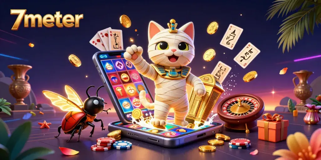 Experience thrilling gaming with 7meter's vibrant casino illustration, featuring engaging slot mechanics.
