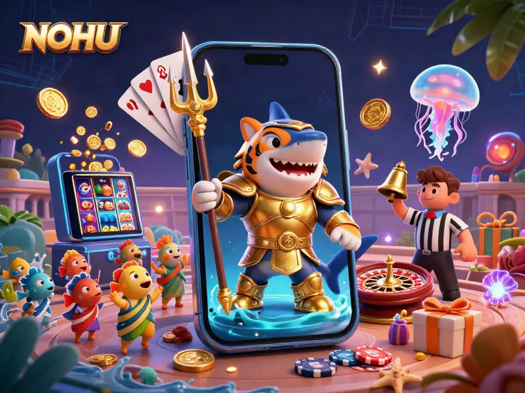 Experience thrilling gameplay with NOHU's underwater colosseum featuring a shark and vibrant casino elements.