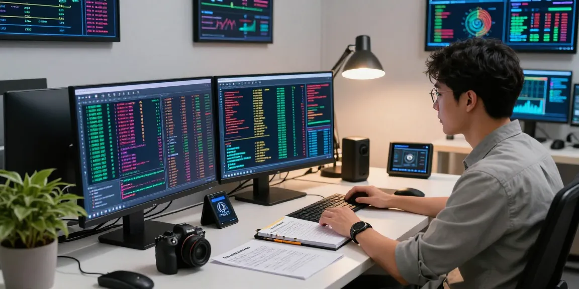 Blockchain forensic analyst analyzing cryptocurrency tracing data in a modern workspace with multiple screens.