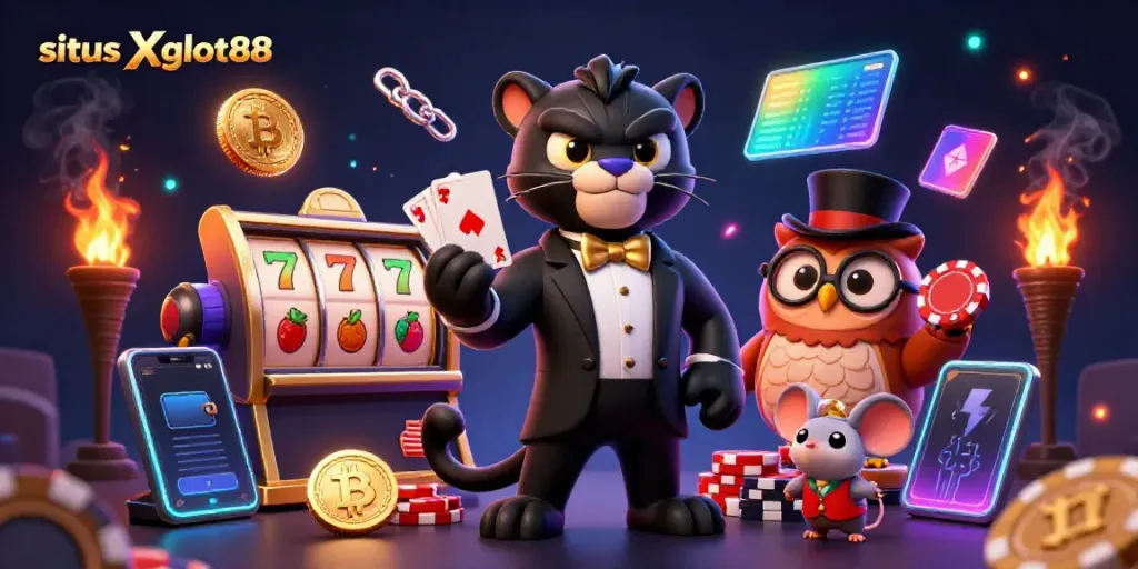 Gambarkan karakter stylish panther dan teman-temannya saat bermain situs Xgslot88.