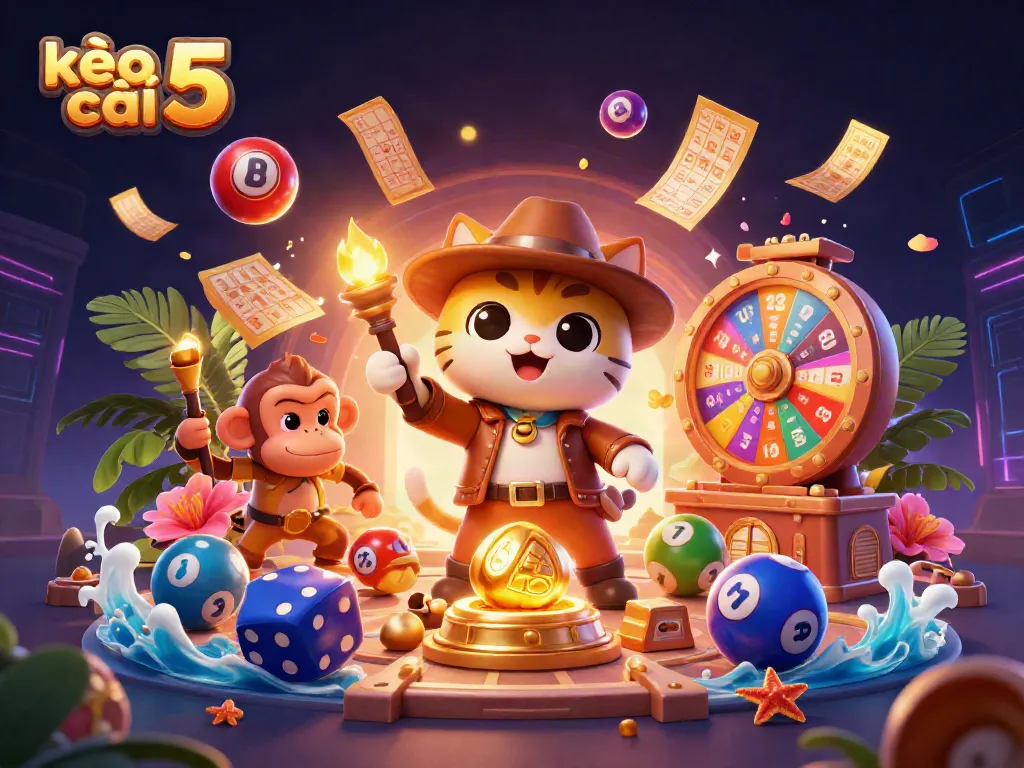 Engage with kèo nhà cái 5 via a vibrant 3D casino adventure illustration.