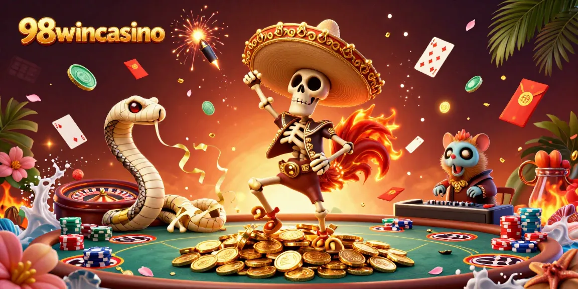 Join the excitement at 98wincasino with vibrant gaming characters in a dynamic 3D casino scene.
