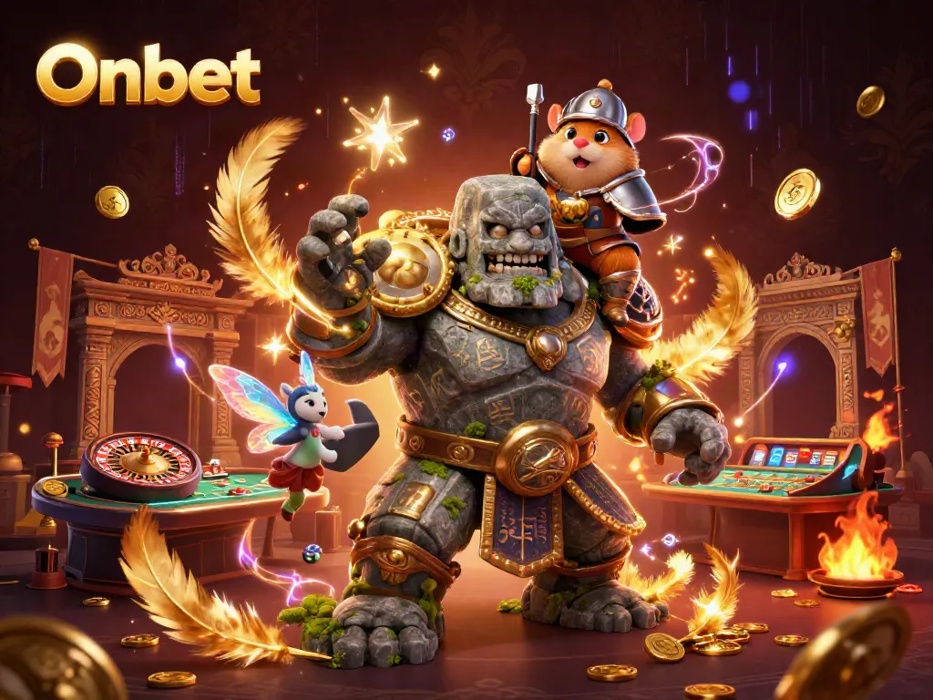 Engage in thrilling action at Onbet with a lively casino scene featuring a magical golem guardian and enchanting fairy.