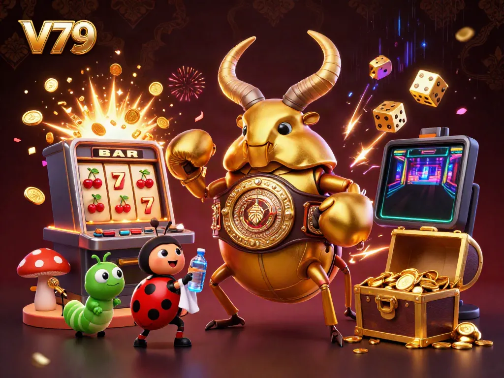 Experience the excitement of V79 casino with this dynamic illustration featuring a giant stag beetle and colorful gaming elements.